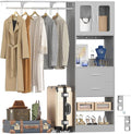 5FT Closet System with Doors and Wooden Drawers, 60'' Reversible Closet Organizer System with Big Wing Shelf and Hanging Rod, 80'' Tall Walk in Wardrobe Closet System with Shelves & Hooks, Grey