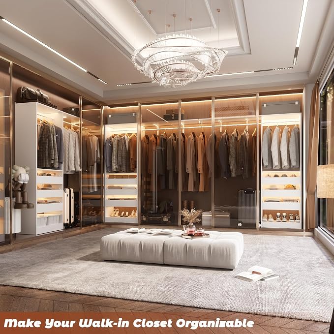 5FT Closet System with 3 Half-Open Wooden Drawers, 60'' Closet Organizer System with 2 Reversible Hanging Rods and Big Wing Shelf, 80" Tall Wall Mounted Wardrobe for Walk-in Closets, White