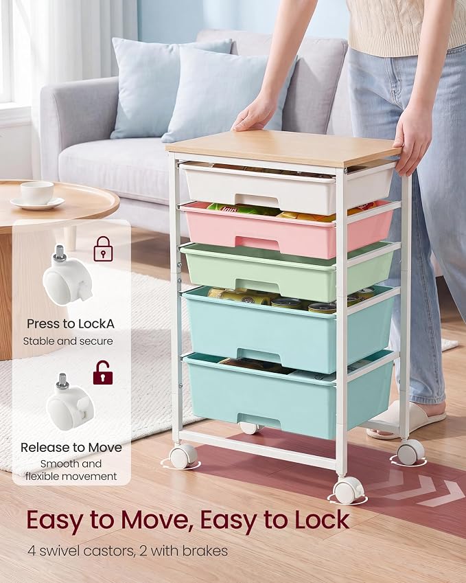 VASAGLE 5-Drawer Rolling Storage Cart, Mobile Organizer Trolley with Wood Top and Metal Frame, for Craft Room, Office, 15.6 x 11.2 x 24.8 inch, Multicolor, BENCO Collection ULRC005X101