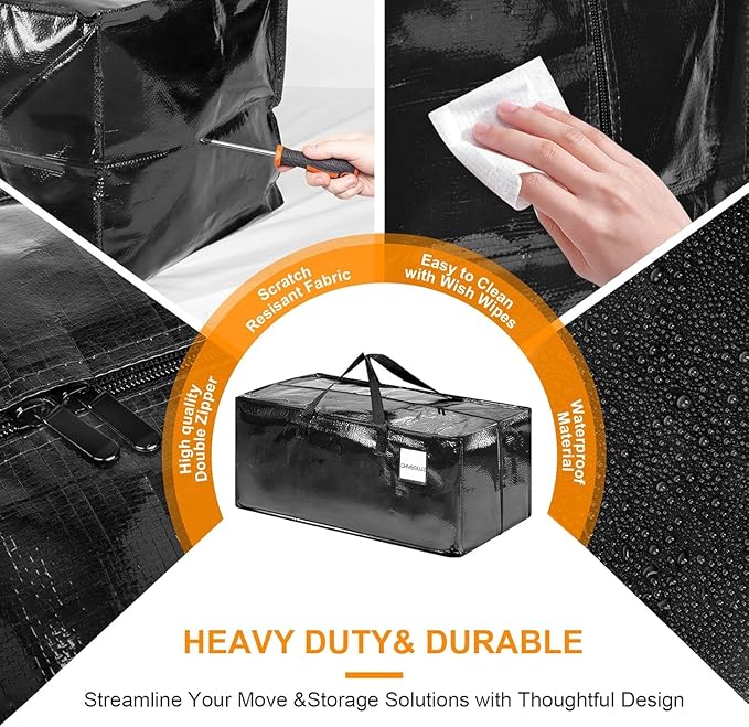 CHVEGLUZ 12 Packs Moving Bags Heavy Duty Extra Large,Storage Bags with Zipper&Handles, Sturdy&Durable Clothes Storage Bags Totes for College Dorm Essentials, Moving Boxes for College Supplies, Black