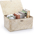 Hipiwe Wicker Woven Baskets Bin with Lid Natural Seagrass Basket Storage Bin Rectangular Household Basket for Shelf Wardrobe Home Decor, Whitewash, X-Large