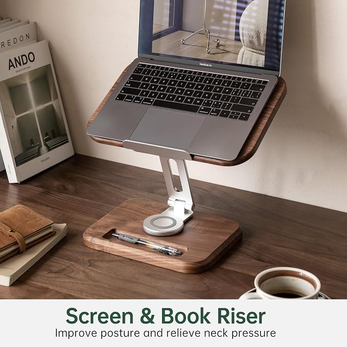 Solid Walnut Wood Bookshelf, Adjustable Book Stand, 360° Rotatable Foldable Laptop & Cookbook Holder for Bedroom Office Study