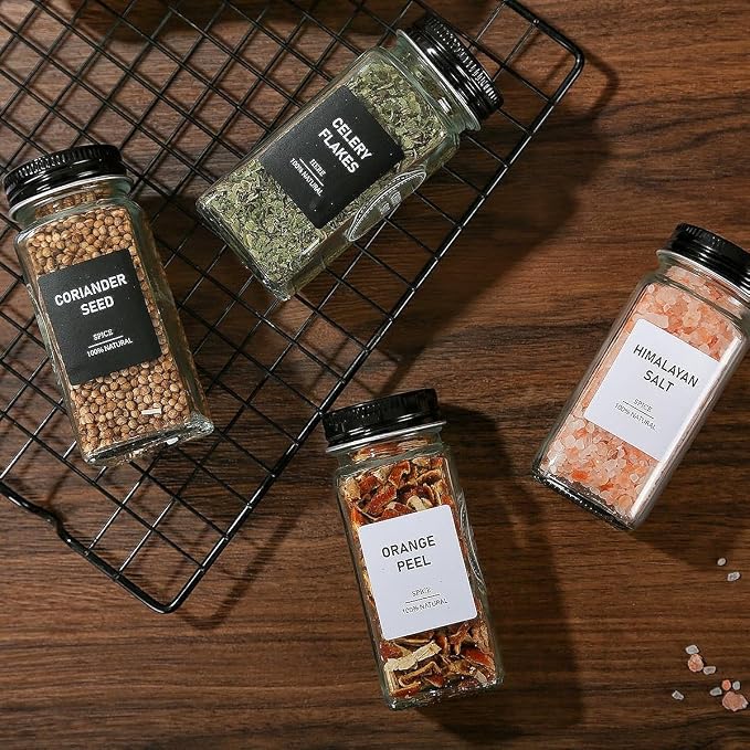 162 Spice Labels Stickers, Preprinted White Spice Jar Labels for Herbs Seasonings, Spice Rack Pantry Organization, Minimalist Black Text (Black 2)