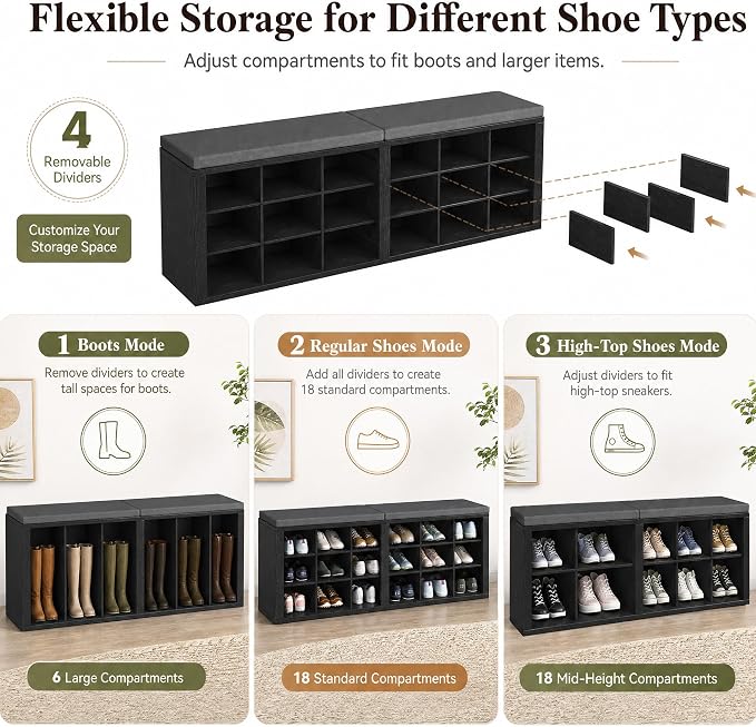 Shoe Storage Bench with Padded Seat, 18-Cubby Shoe Organizer for Entryway, 59.1" Long 700 lb Capacity, for Living Room, Bedroom, Hallway (Blackboard with Dark Gray, Linen, Sponge)