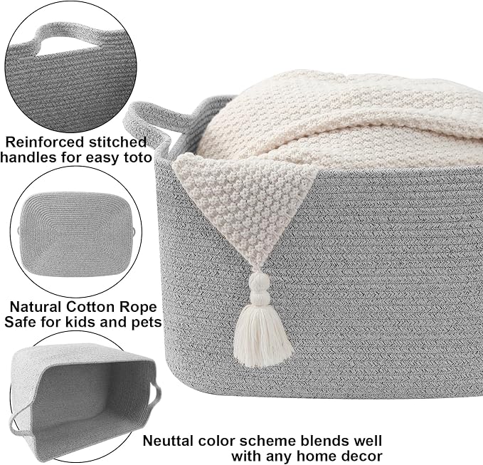 65L Collapsible Woven Rope Laundry Basket with Handles, Grey | 21x16x12 Foldable Rectangular Blanket Basket for Toys, Clothes & Pillows,Ideal for Nursery, Bathroom, Bedroom, Living Room