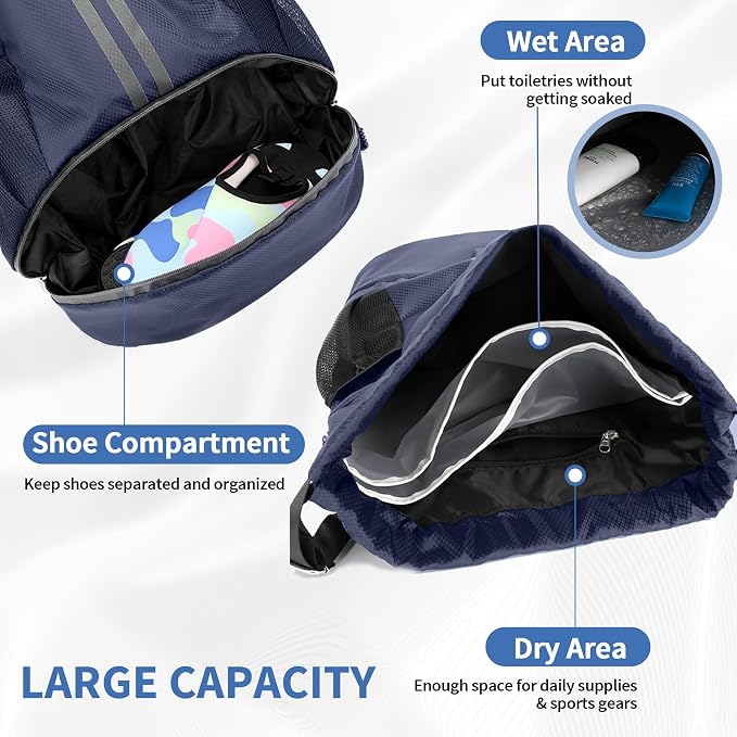 JELUTAR Drawstring Backpack Gym Bag with Shoes Compartment for Soccer, Basketball, Swim, Water-Resistant String Backpack Beach Cinch for Women Men, Navy Blue