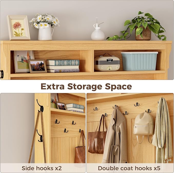 IRONCK 80" H 47" W Large Hall Tree with Bench and Shoe Storage, 6-in-1 Entryway Bench with Coat Rack, Adjustable Shelf, Hanging Hooks, 11 Shoe Cubbies, 2-Tier Top Storage for Entryway and Bedroom, Oak