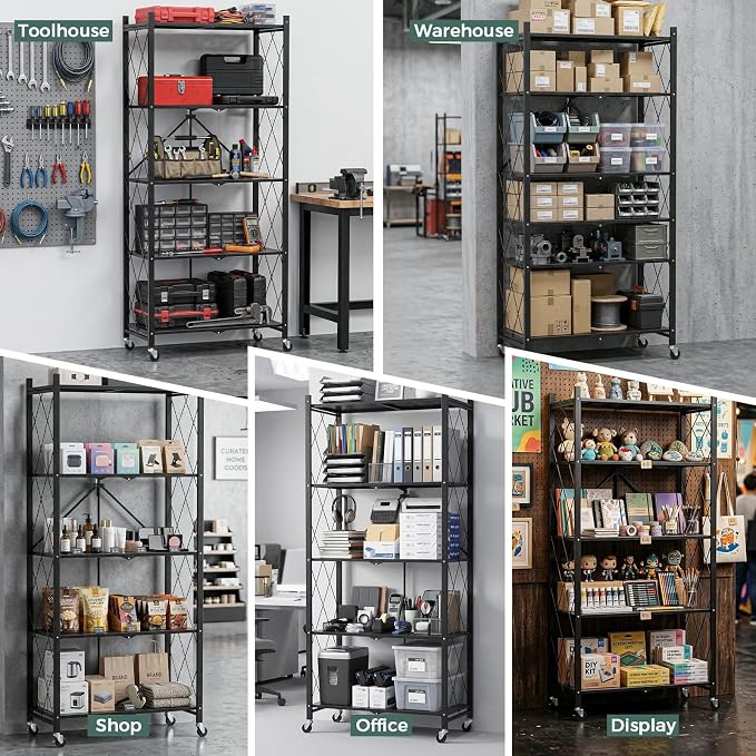 DEANIC 70.7" Tall Extra Large 5-Tier Folding Storage Shelf with Wheels, No Assembly Collapsible Metal Rack with Leveling Feet for Garage, Pantry, Basement, Vendor Display, Kitchen(Black,2 Pack)