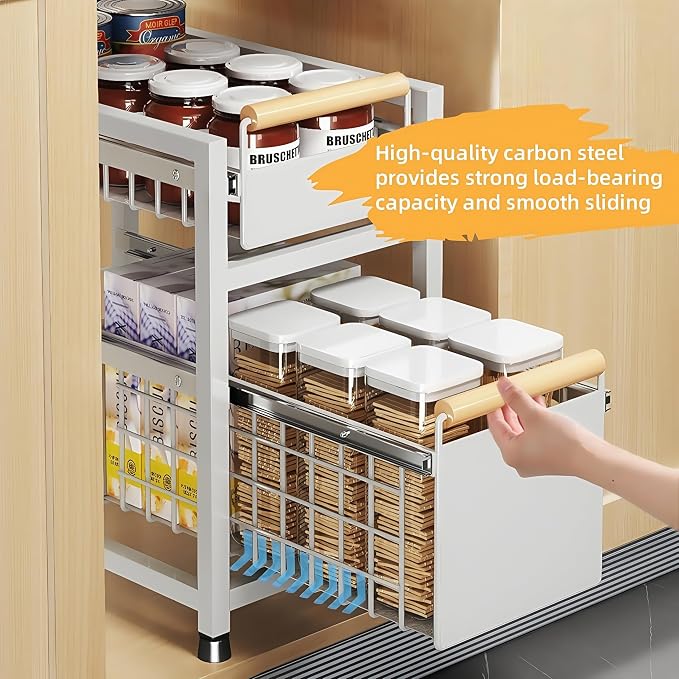 Pull Out Cabinet Organizer, Pull Out Basket Drawers for Cabinets, Slide Out Basket Drawers for Kitchen Cabinets, Under Sink Organizer for Kitchen, Bathroom (White Medium Single-tier)