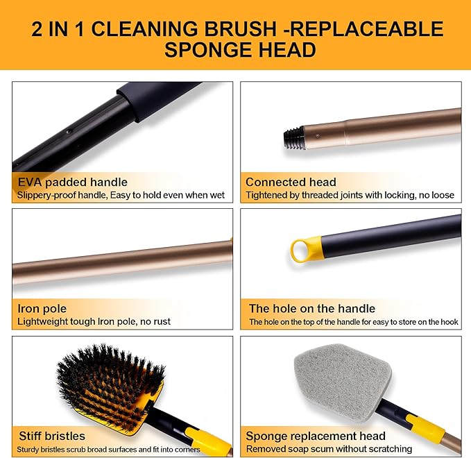 Yocada Tub Tile Scrubber Brush 2 in 1 Cleaning Brush 4*Scouring Pads 58.2 Inch Adjustable Telescopic Pole Stiff Bristles for Cleaning Bathroom Kitchen Toilet Wall Tub Tile Sink Non Scratch