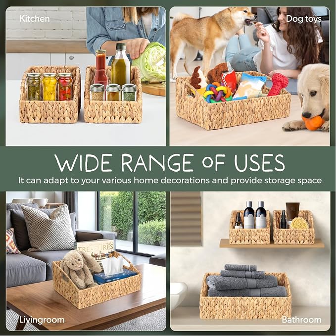 Set of 3 Handwoven Storage Baskets – Decorative Natural Wicker Organizer Bins with Built-in Handles for Bathroom, Kitchen, Pantry, Nursery, Closet, Laundry, Living Room, and Home Use