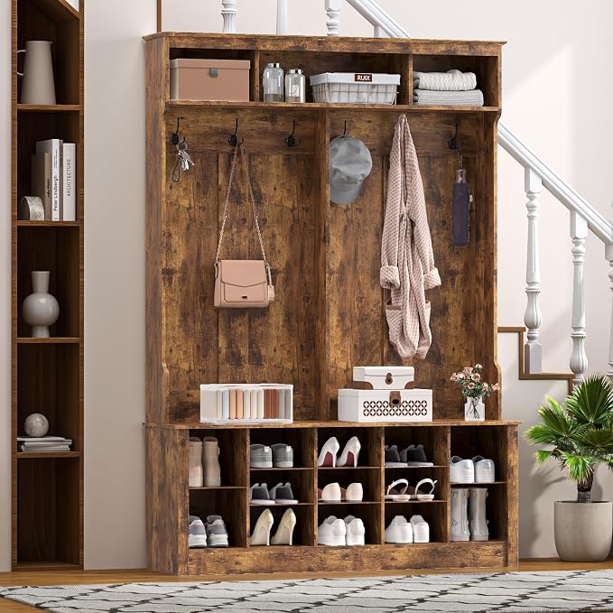 Wodeer Hall Tree with Bench and Shoe Storage, 53" Farmhouse 4-in-1 Mudroom Storage Organizer with Coat Rack, 6 Hooks, 12 Shoe Cubbies, Adjustable Shelf, for Entryway, Hallway, Living Room, Brown