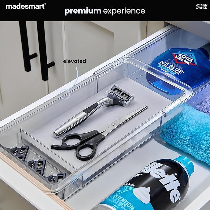 madesmart Expandable Toothbrush Drawer Organizer with Drying Stone, Clear Dental Organizer Tray for Bathroom Drawers, Toothpaste Holder, Dental Floss, Water Flosser and Mouthwash, 12 to 20 Inch