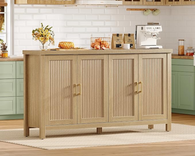 usikey 63" Buffet Cabinet with Storage, Fluted Sideboard Cabinet with 4 Adjustable Shelves, Modern Coffee Bar with 4 Doors, Coffee Bar Cabinet for Kitchen, Living Room, Natural