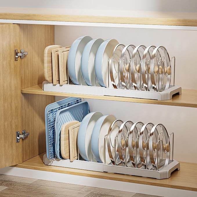 MUDEELA Pots and Pans Organizer under Cabinet, Expandable Rack with Pot Lid Holder and 12 Adjustable Dividers, Pan Organizers inside Cabinet for Kitchen Organization, Cutting Boards, Baking Sheets