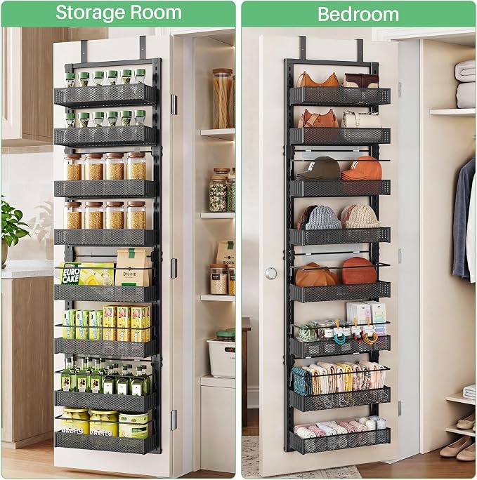 Narrow Over the Door Pantry Organizer - 8 Tiers Height Adjustable Pantry Organizers and Storage with Dense Mesh Baskets, Metal Spice Rack for Kitchen Bathroom (Black, 12.2"W x 4.6"D x 69.1"H)