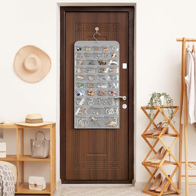 Simple Houseware 80-Pocket Hanging Jewelry Organizer with 5 Sizes, 2 Pack | for All Types of Accessories, Gray