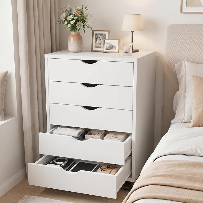 5 Drawer Rolling Storage Cabinet, Mobile File Cabinet for Office, White | Rolling Storage Cabinet with 5 Drawers for Desk Drawer Organization, Home Office Storage and Printer Stand