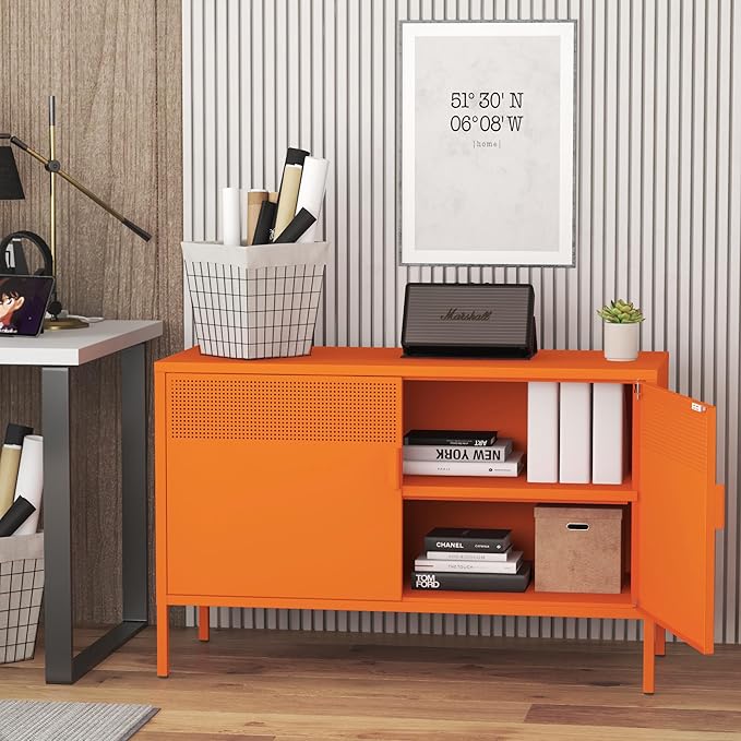Ustamio Orange Wide Metal Locker Storage Cabinet, 2 Door Metal Accent Cabinet for Home and Office, 2 Tier Low Metal Cabinet with Doors and Shelf, Multipurpose Metal Tv Stand Cabinet