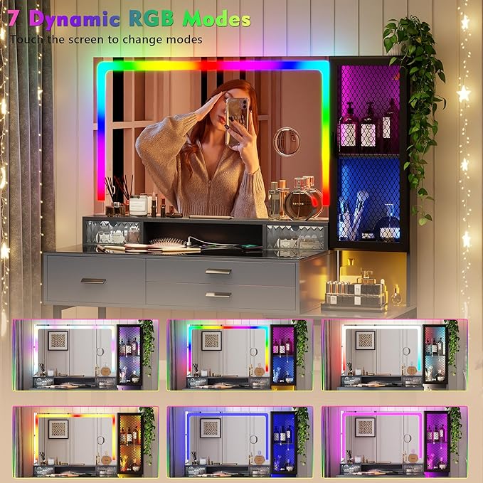 Lvifur RGB Makeup Vanity Desk with Wireless Charging Station,7 Dynamic & 24 Static Dimmable Vanity Table Set with Glass Top,Human Sensor LED Vanities with Mirror and Lights,6 Drawers,Stool