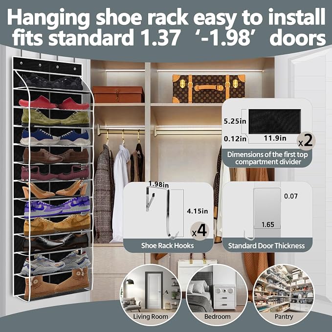 PAULONE 12 Pocket Over the Door Shoe Organizer,Reusable Breathable Large Mesh Bag Men's & Women's Sneaker Organizer,Shoe Organizer for Kids,Hanging Shoe Storage Hanging Bag (Black)