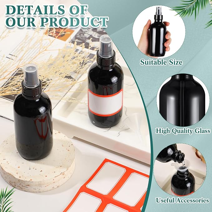 Fumete 2 Pack Glass Bottles 4oz Empty Refillable Liquid Containers with 1 Label 1 Funnel for Essential Oils Hair Travel Plants Cleaning Skin Care(Black, Black Top,Mist Bottle)