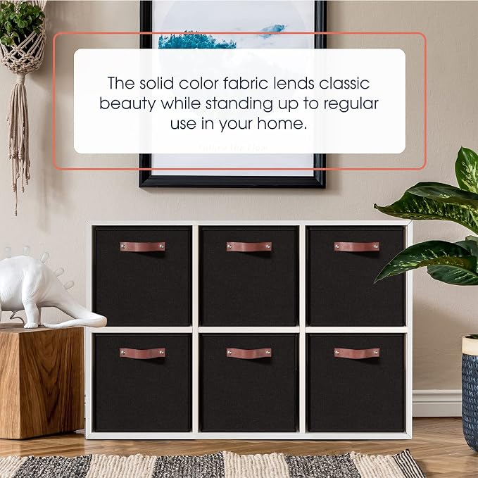Ornavo Home 11x11 Foldable Fabric Storage Cube Bins, 6 Pack, Black | Collapsible Linen Shelf Basket Organizer; Leather Handles; Ideal Cube Storage For Closet
