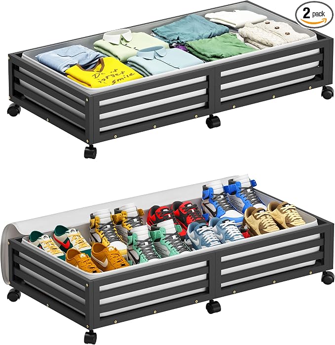 Wisuce 2 Packs Bamboo Under Bed Storage Organizer with Wheels Black Large | 360° Lockable Wheels,120lbs Load Capacity, Multi-scene ,Dustproof Clear Storage Bag, Large Capacity,Easy Quick Assembly