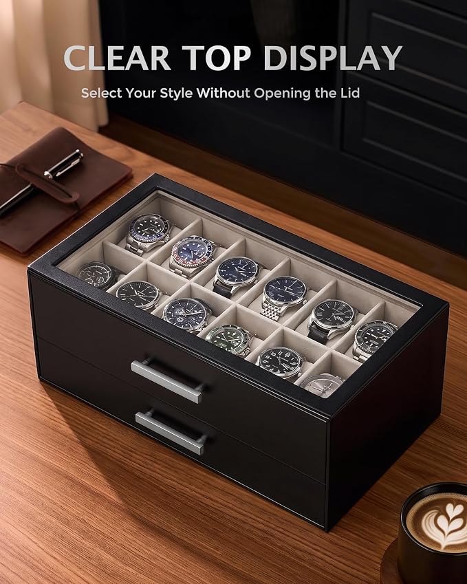 ProCase 14-Slot Watch Case for Men, 2-Tier Pull-Out Drawers Box -Black | Fathers Day Gift for Dad Men with Display Clear Top Lid, Jewelry Sunglasses Storage Organizer, Anniversary Birthday Gifts