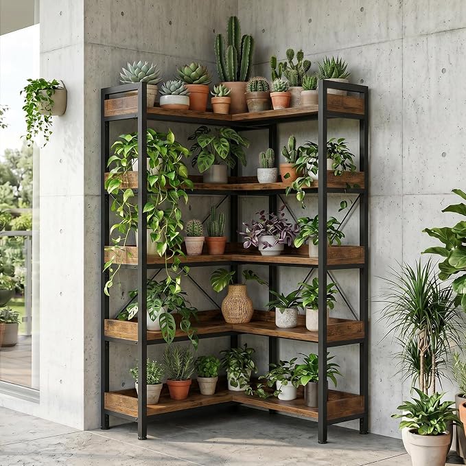 GTPLAYER 5-Tier Corner Bookshelf, L-Shaped Metal Frame Shelf with Tall 14" Shelves, Plant Stand and Storage Rack for Small Spaces, Living Room and Home Office, Vintage Brown