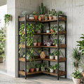 GTPLAYER 5-Tier Corner Bookshelf, L-Shaped Metal Frame Shelf with Tall 14" Shelves, Plant Stand and Storage Rack for Small Spaces, Living Room and Home Office, Vintage Brown