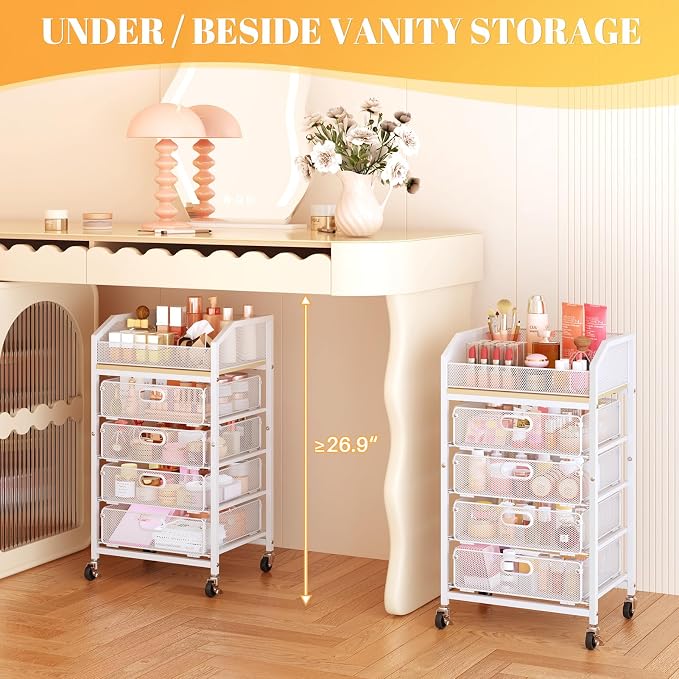 SUNALLY Rolling Makeup Cart Organizer with Drawers, 5-Tier Beauty Vanity Storage Cart for Skincare, Cosmetics, Nail Supplies and Bathroom Essentials, White