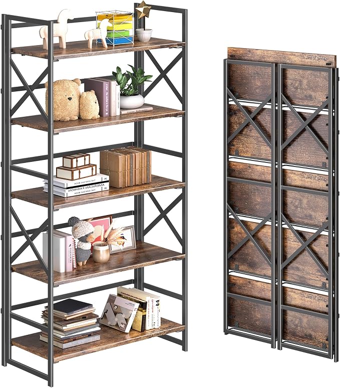 4NM 5 Tiers No Assembly Book Shelves, 51.2" H Folding Bookshelf Bookcase Open Industrial Foldable Shelves for Bedroom, Living Room, Home Office - Rustic Brown Black