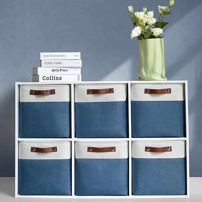 Patvingot Fabric Storage Cubes 11", 6 Pack, with PU Pull Handles,Foldable | For accessories on cube shelves or in closets; reinforced opening, pull-out access, folds flat when empty,white and blue