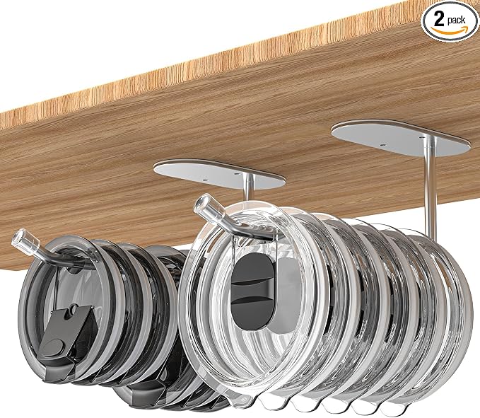 Tumbler Lid Organizer 2 Pack,Space Saving Cup Lid Hook for Simple Modern Cup Lids,Lid Storage Rack Used in Kitchen Storage Cabinet Inside Or Under (Silver)