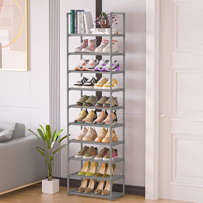 OYREL 10-Tier Metal Shoe Rack, Narrow Shoe Rack Organizer, Sturdy Shoe Shelf for Closets, Entryway, Bedroom, Garage - Silver