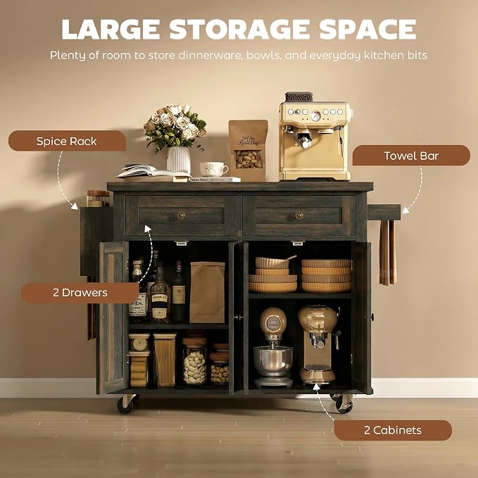 HOMCOM Kitchen Island Cart with Solid Wood Top, 44" Mobile Kitchen Island Table on Wheels with Storage Cabinets, 2 Drawers, Adjustable Shelves, Spice Rack & Towel Bar for Dining Room, Brown Oak