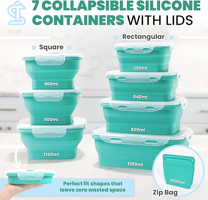 8PCS Collapsible Food Storage Containers With Lids - Camping Silicone Bowl, RV Kitchen Essentials Container, Non Plastic Meal Prep, Non Toxic Freezer Bowls, Travel Zip Top Reusable
