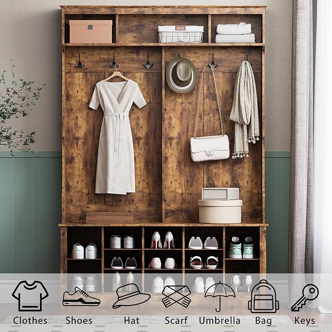 Wodeer Hall Tree with Bench and Shoe Storage, 53" Farmhouse 4-in-1 Mudroom Storage Organizer with Coat Rack, 6 Hooks, 12 Shoe Cubbies, Adjustable Shelf, for Entryway, Hallway, Living Room, Brown