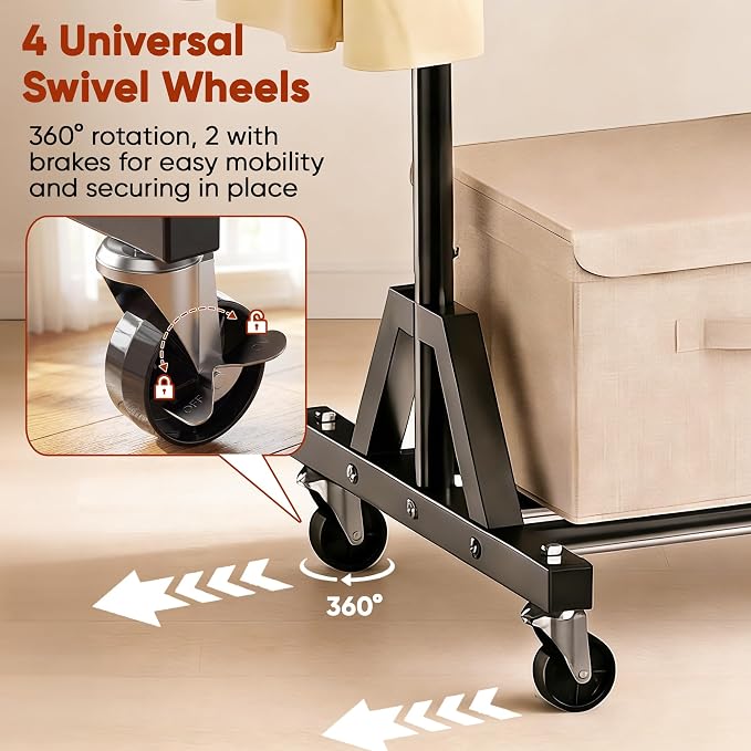 Rolling Garment Rack - Retractable Clothes Rack with Hanging Rods, Lockable Wheels and Bottom Storage Shelf - Sturdy Coat Rack, Freestanding Clothing Organizer for Bedroom, Laundry & Closet