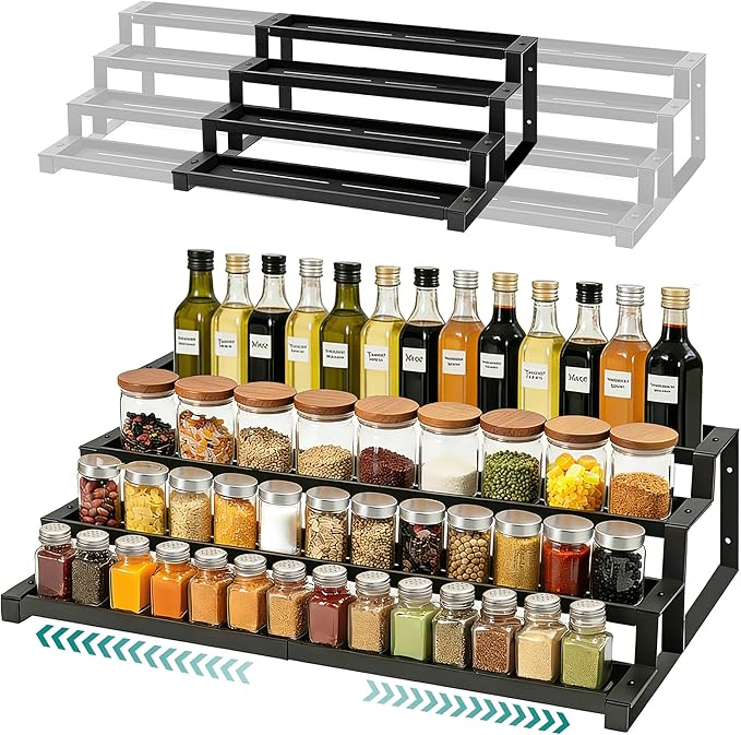 bealy 4-Tier Spice Rack Countertop Spice Rack Organizer for Cabinet, Expandable 16“-29” Spice Shelf Seasoning Organizer, Spice Organizer for Pantry, Slip-Resistant Design for Jars and Bottles