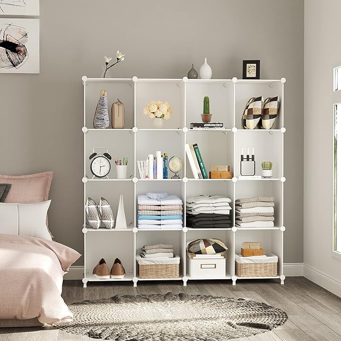 AWTATOS Cube Storage Organizer, 16 Cube Closet Organizer, White | Stackable Storage Cube Shelves, DIY Portable Closet Clothes Organizer, Plastic Shelving for Bedroom, Wardrobe, Bathroom