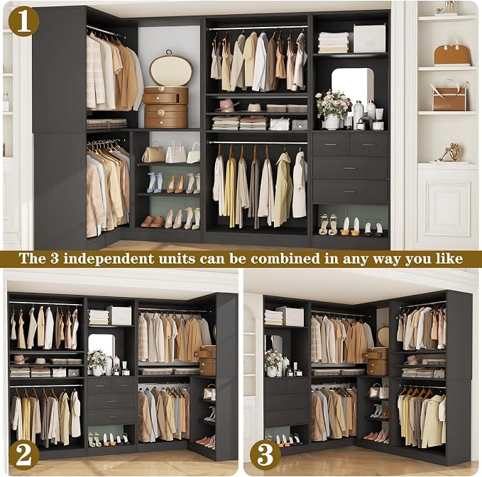 Unikito 97" Large Modular Closet System, 2500LBS Heavy Duty Wood Wardrobe with 4 Hanging Rods, 3-Piece Customizable Walk-in Garment Rack for Bedroom, Black