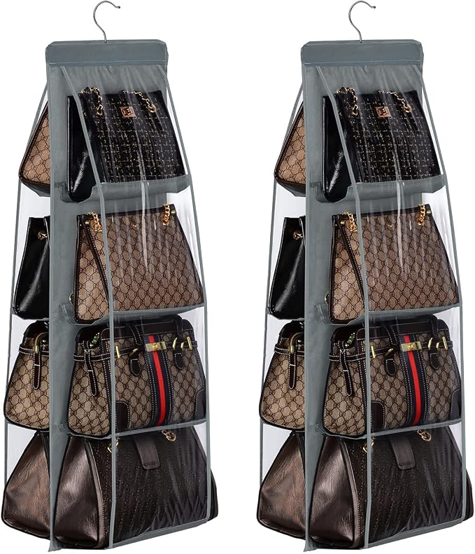 Lirex 2-Pack Handbag Hanging Purse Organizer for Closet, 8 Pocket Handbag Storage Organizer Hanger Oxford Cloth Closet Organizer for Family Closet Bedroom, Foldable and Universal Fit, Dark Grey