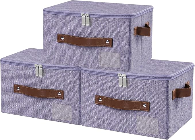ANMINY Small Fabric Storage Box Bins with Zipper Lid, Washable Purple, 3PCS | Cotton Linen Fabric, PP Board Frame, Label Holder, Stackable & Foldable, PU Handles, Dual-Zipper 3-Side Open Lid