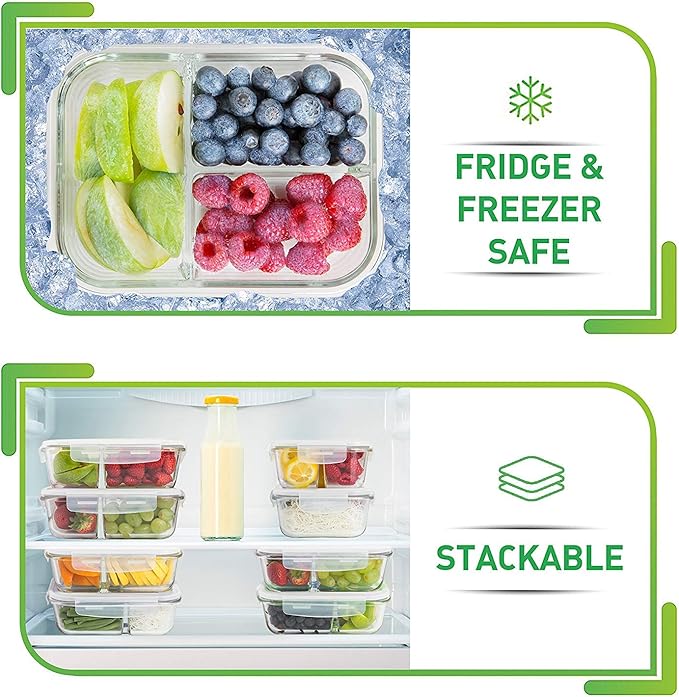 PrepNaturals 5 Pack 34 Oz Glass Meal Prep Containers - Dishwasher Microwave Freezer Oven Safe - Glass Storage Containers with Lids (Multi-Compartment) | Borosilicate Glass Meal Prep Containers - Airtight Leak-Resistant Lids, Microwave, Oven & Freezer S...
