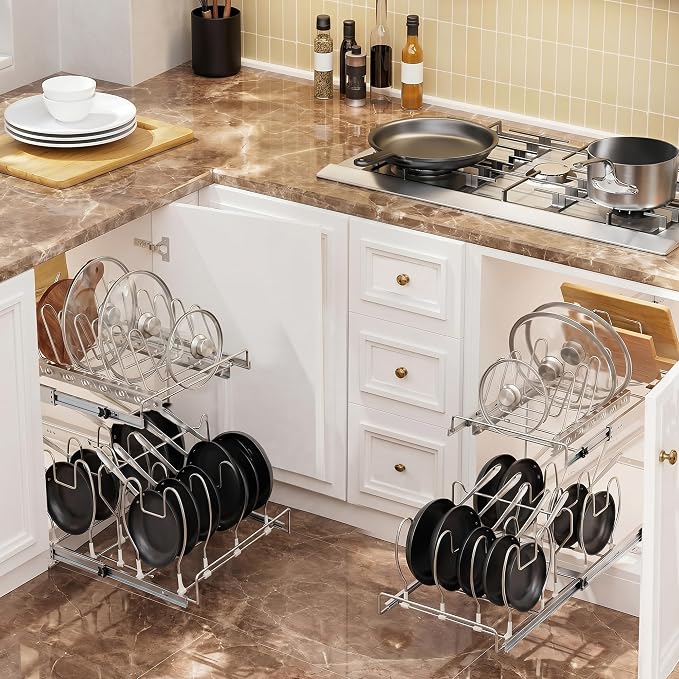 Garvee 2 Tier Pull Out Pots and Pans Organizer, 12" W *22.5" D | Adjustable Dividers, Slide Out Cookware and Storage Organizers for Kitchen Cabinets, Pot and Pan Holder Rack