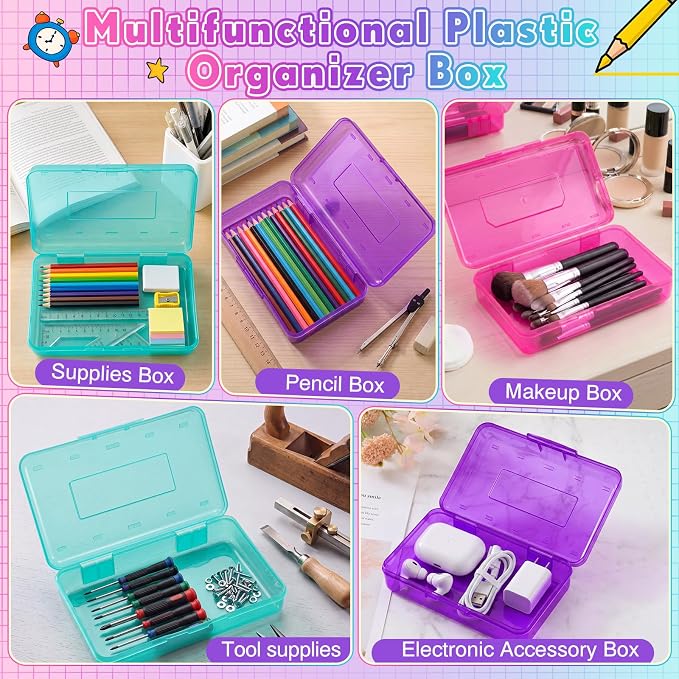 Blulu 6 Pack Large Plastic Pencil Case Box Clear Pencil Boxes Bulk Hard Crayon Box Storage with Snap Lids 8.1 x 4.7 x 2.2 Inch Painting Organizer Classroom Stationery School Supplies (Cute Color)