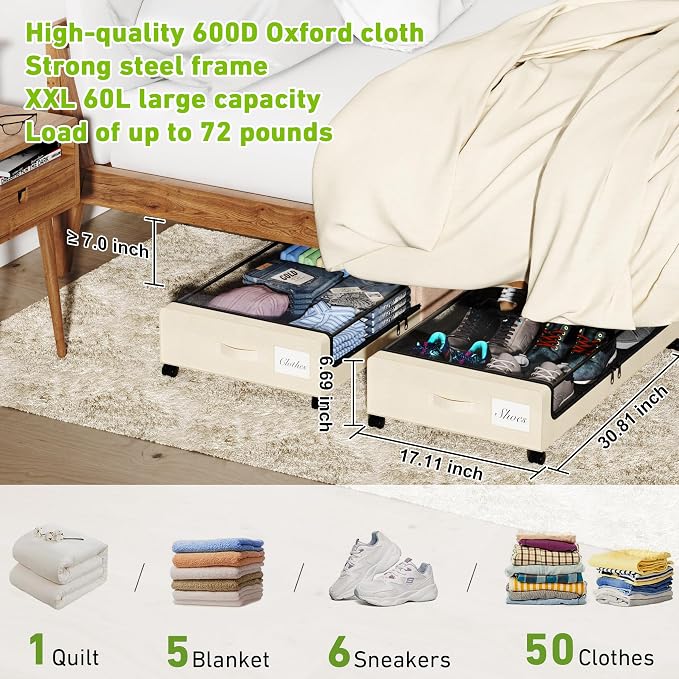 YAASHEEN Under Bed Storage with Wheels, Under the Bed Storage Containers with Clear Lids & Label, Underbed Storage Bins, XXL 60L Rolling Metal Drawer for Clothes, Shoes, Toys, Books (4-Pack Beige)