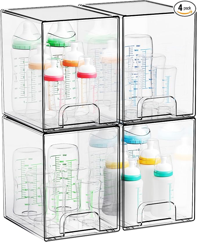 Yieach 7.5"H Stackable Storage Drawers,4 Pack Clear Acrylic Drawer Organizer for Vanity,Under Sink,Cabinet and Bathroom Closet Organizer,Bottle Station and Baby Bottle Storage Organizer for Countertop